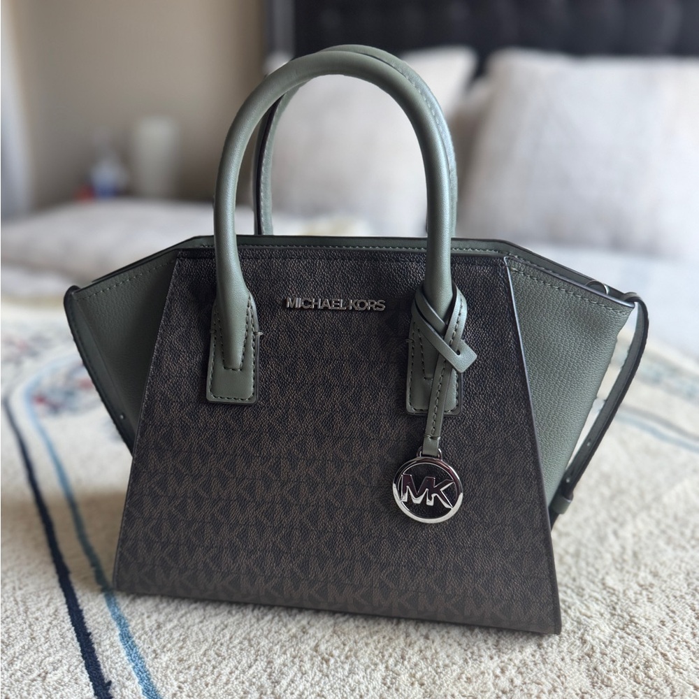 Michael Kors Avril Leather Logo/Army Green Satchel